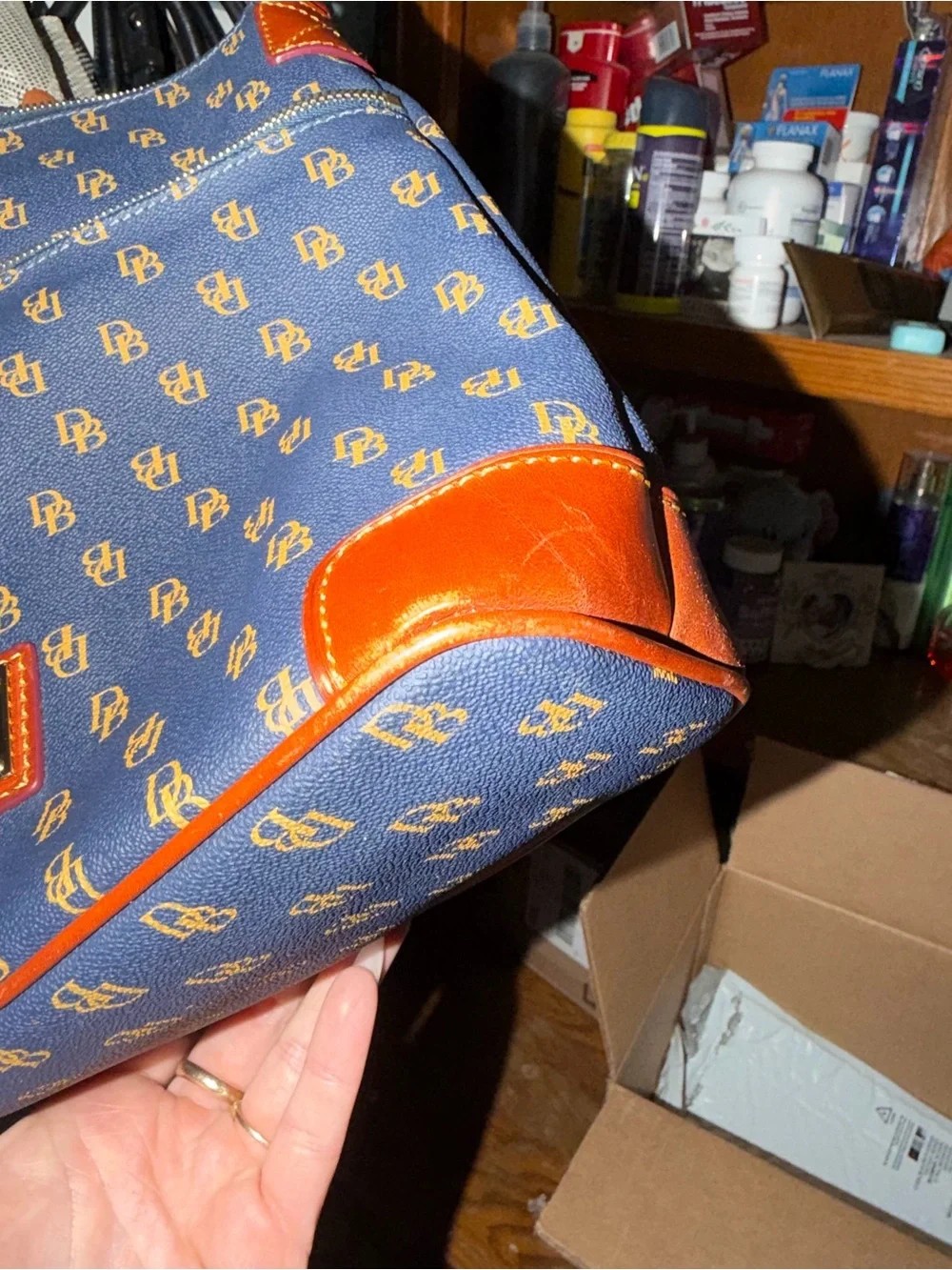 Dooney & Bourke Navy and Brown Logo Crossbody Messenger